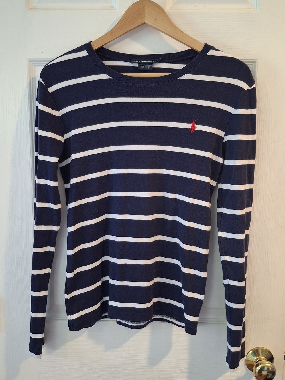 Ralph Lauren Sport Navy Blue White Striped Long Sleeve Shirt Womens L  Red Pony